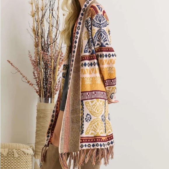 ADORA Tribal Pattern Cardigan with Fringe in Mauve Mix - Picture 4 of 5